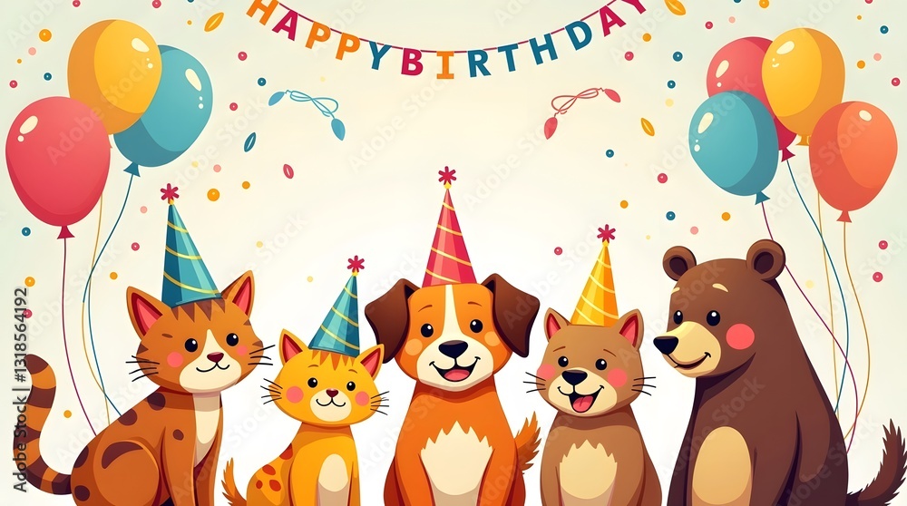 Cute Animal Friends at a Birthday Party Celebration, Adorable Cartoon Animals with Party Hats and Balloons, Happy Birthday Illustration with Cute Animal Characters, Playful Animal Friends Celebrating Cute Animal Friends at a Birthday Party Celebration, Adorable Cartoon Animals with Party Hats and Balloons, Happy Birthday Illustration with Cute Animal Characters, Playful Animal Friends Celebrating