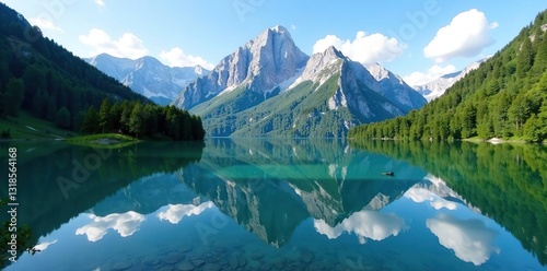 Lake Bohinj's mirror-like surface reflects the majestic Triglav peak, calm, reflection