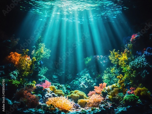 Bioluminescent Underwater Coral Reef Scene with Ethereal Blue-Green Glow photo
