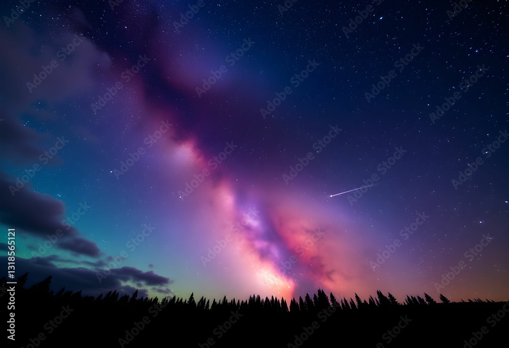 Fototapeta premium Night sky, aurora borealis, vibrant purple and pink colors, starry night, silhouette of forest treeline, cosmic landscape, colorful nebula, dramatic celestial display, ethereal atmospheric phenomenon