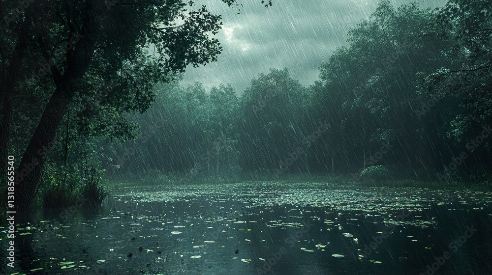 Rainy Forest Lake: A Serene Nature Scene