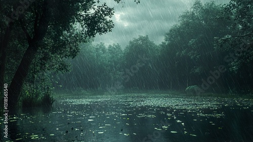 Obraz na płótnie Rainy Forest Lake: A Serene Nature Scene w salonie