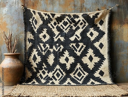 African Mud Cloth Pattern in Traditional Black/White Geometric Designs on Hemp Texture