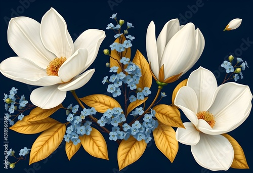 Elegant White Magnolia Flowers with Blue Leaves