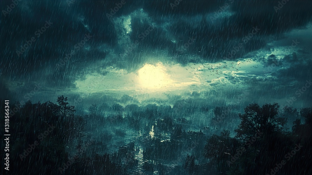 Rainy Day Landscape: Dark Clouds, Flooded Forest