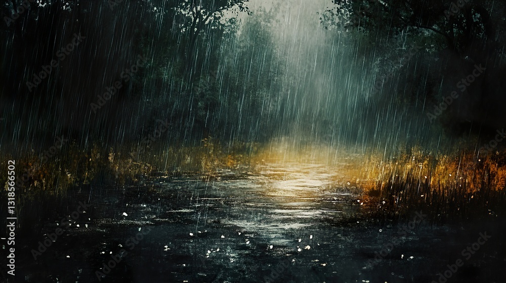 Rainy Forest Path: A Dark and Atmospheric Landscape