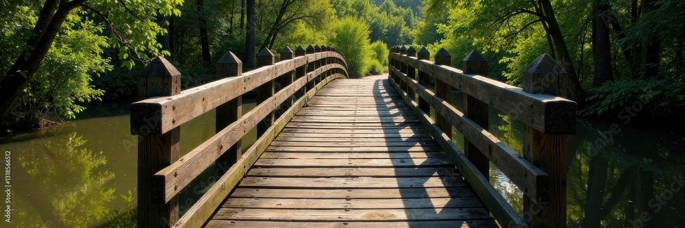 Weathered wooden bridge spanning a murky river, rickety, grunge, weathered Weathered wooden bridge spanning a murky river, rickety, grunge, weathered