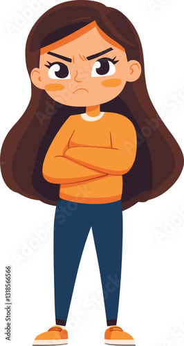 Young girl with an angry expression standing confidently with arms crossed in casual clothing cartoon isolated on transparent background. Vector illustration.