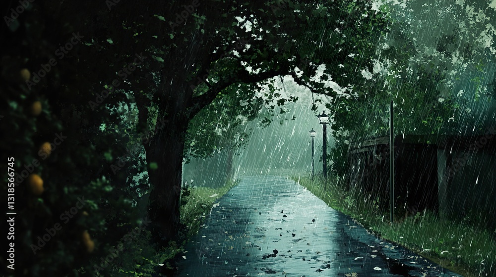Rainy Day Park Path: A Serene Landscape