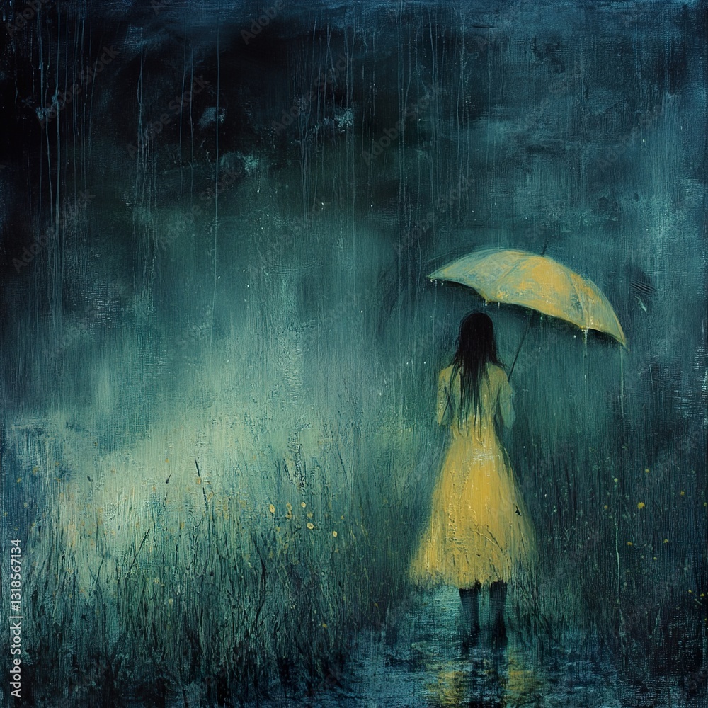 Solitude in the Rain: A Contemplative Figure in a Yellow Dress
