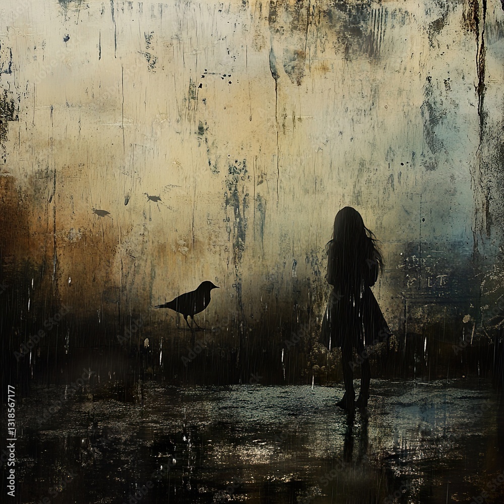 Solitude in the Rain: A Melancholic Girl and a Crow