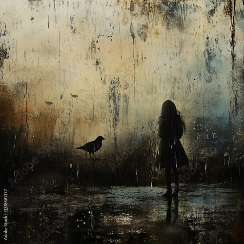 Obraz na płótnie Solitude in the Rain: A Melancholic Girl and a Crow w salonie