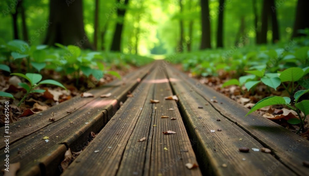 Weathered wooden planks on the forest floor, earthy tones, forest floor Weathered wooden planks on the forest floor, earthy tones, forest floor