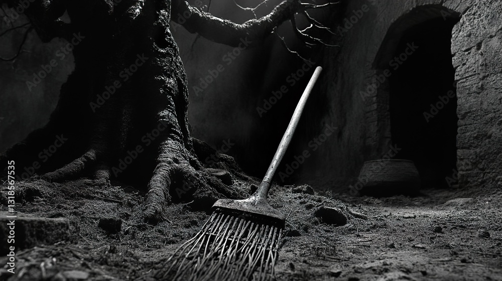 Mystical Monochrome Landscape: Ancient Tree and Broom