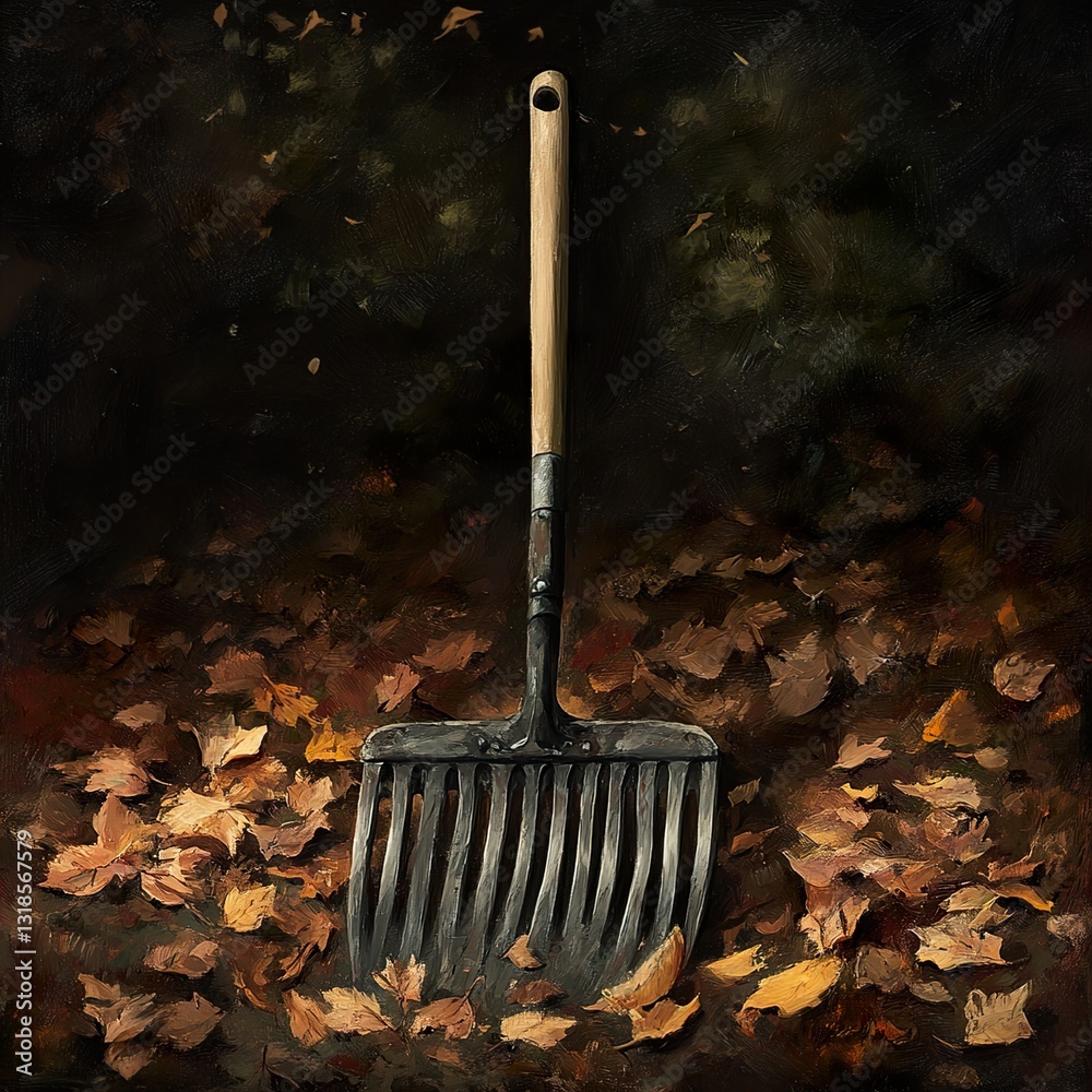 Autumn Leaves and Rake: A Still Life Painting