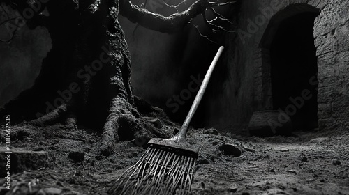 Obraz na płótnie Mystical Monochrome Landscape: Ancient Tree and Broom w salonie