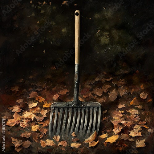 Obraz na płótnie Autumn Leaves and Rake: A Still Life Painting w salonie