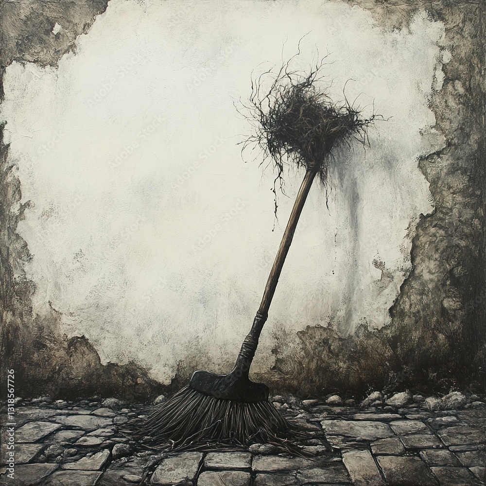 Weathered Broom against Old Wall: A Grunge Still Life