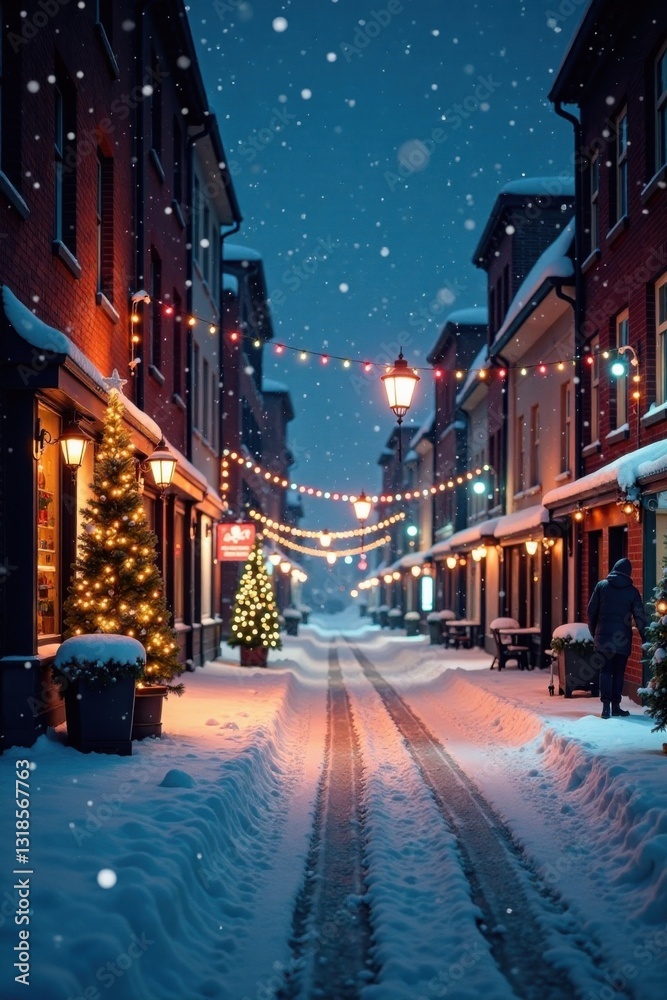 Obraz premium Snowy city street at night with festive lights and Christmas decorations, winter night scene christmas decorations street lights holiday cheer, holiday, winter