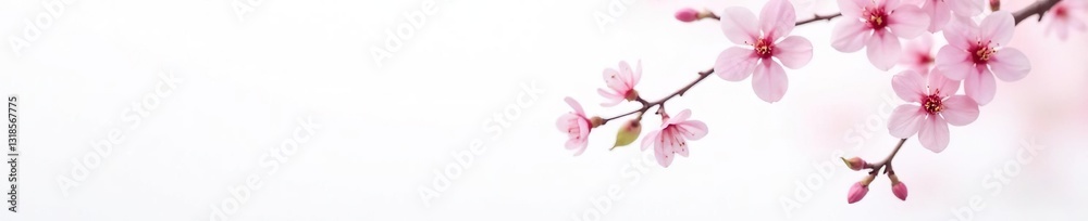 Fototapeta premium Single cherry blossom branch on white background, delicate and pink, nature, cherry blossom