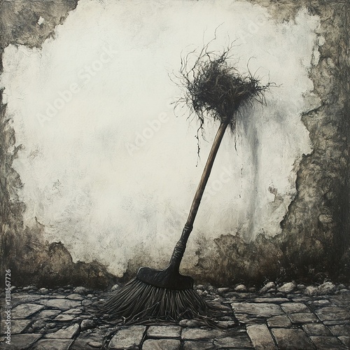 Weathered Broom against Old Wall: A Grunge Still Life
