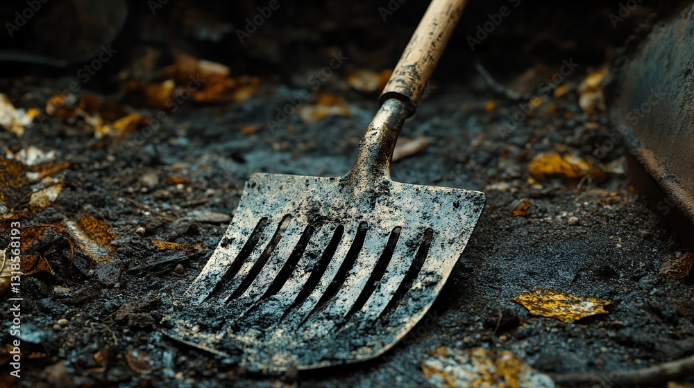 Rustic Garden Shovel on Soil: Autumnal Close-Up