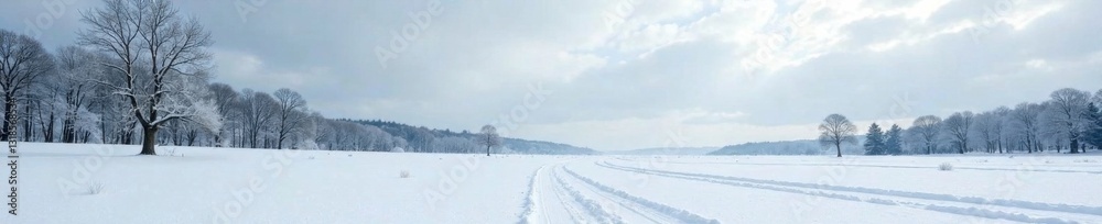 Snowy landscape with vast open space and bare trees, landscape, tree, panoramic Snowy landscape with vast open space and bare trees, landscape, tree, panoramic