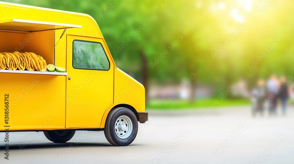 Obraz premium vibrant yellow food truck is parked in sunny park, serving delicious tacos with fresh ingredients. background is blurred, highlighting truck and its offerings
