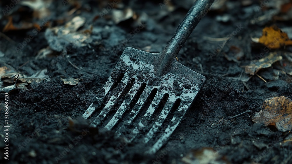 Dark Soil and Gardening Tool Close-Up