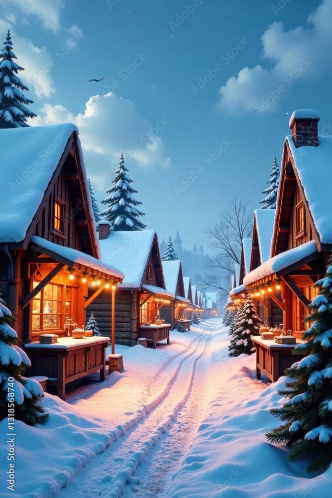 Fototapeta premium Snowy village scene with festive market stalls, candles, snowy village, cozy