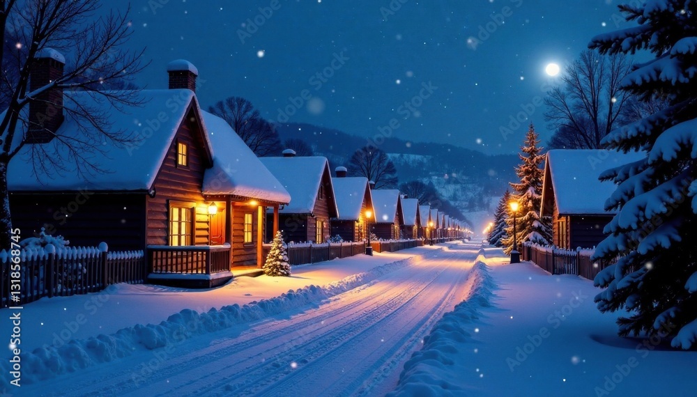 Fototapeta premium Snowy village street at night with decorated houses and lights, snowy landscape, festive, wreaths