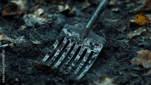 Obraz na płótnie Dark Soil and Gardening Tool Close-Up w salonie