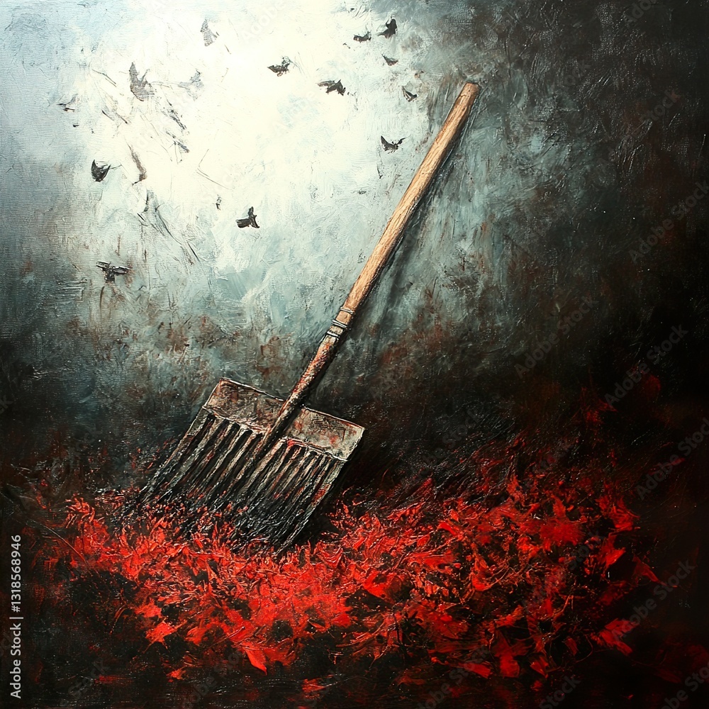 Pitchfork in Red Autumn Leaves: A Dark Landscape Painting