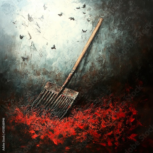 Obraz na płótnie Pitchfork in Red Autumn Leaves: A Dark Landscape Painting w salonie