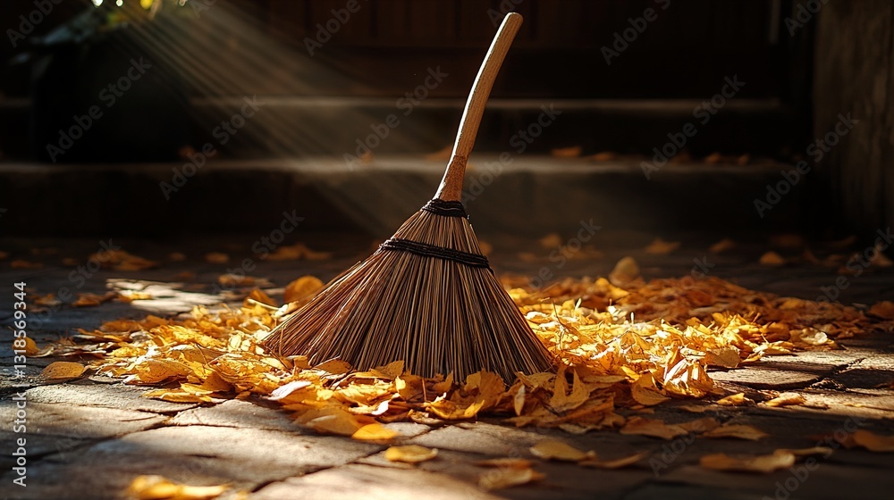 Autumn Cleaning: A Golden Broom and Fall Leaves