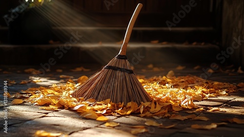 Obraz na płótnie Autumn Cleaning: A Golden Broom and Fall Leaves w salonie