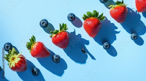 A surreal image of levitating strawberries and blueberries, casting soft shadows on a smooth blue background, creating a fresh and dynamic visual.