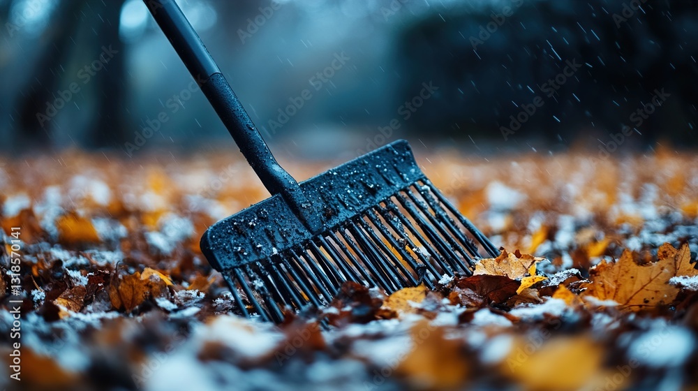 Autumn leaves raking in the snow. Cold weather, nature photography