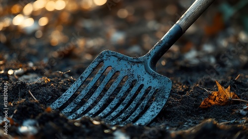 Obraz na płótnie Close-up of a garden shovel in the soil during autumn w salonie
