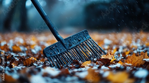 Obraz na płótnie Autumn leaves raking in the snow. Cold weather, nature photography w salonie