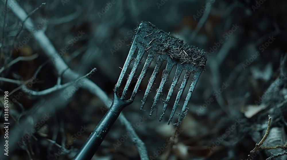 A Close-up of a Dirty Garden Rake