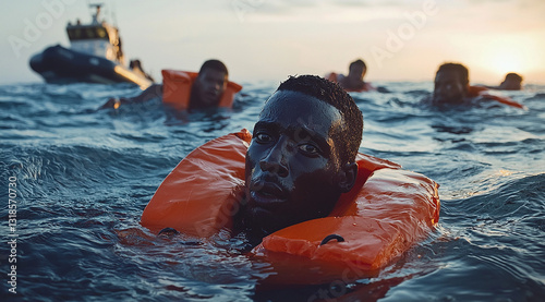 Obraz na płótnie gardes côtes et migrants en mer - IA generated w salonie