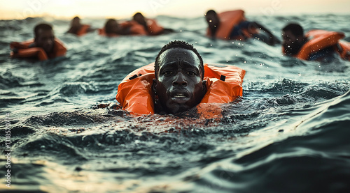 plusieurs migrants sauvetage en mer. IA GENERATED photo