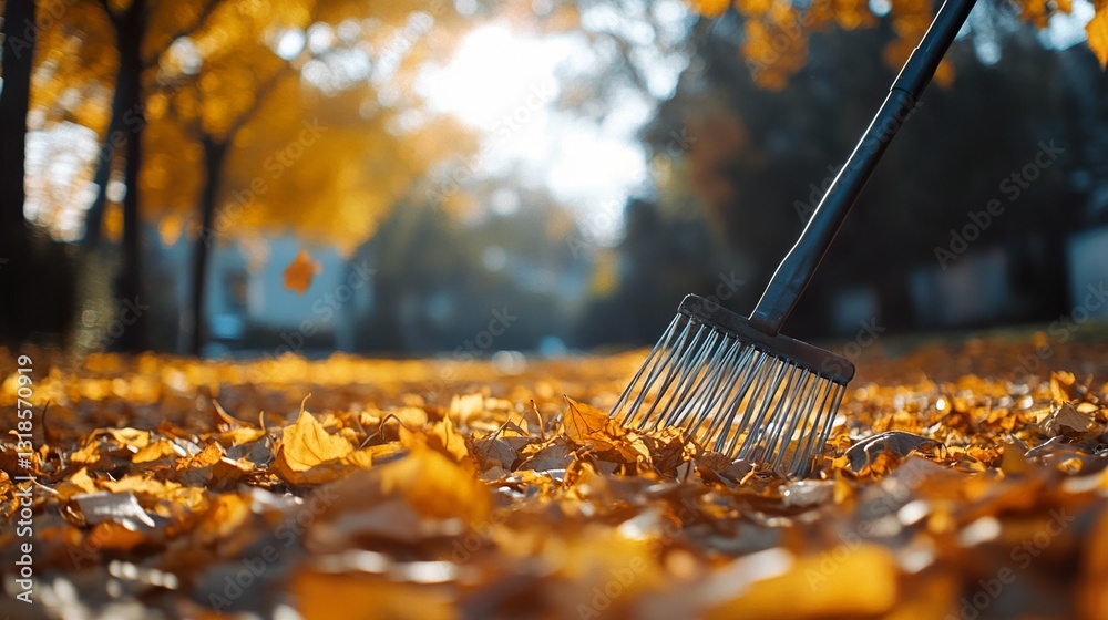Golden Autumn Leaves: A Rake in the Fall Landscape