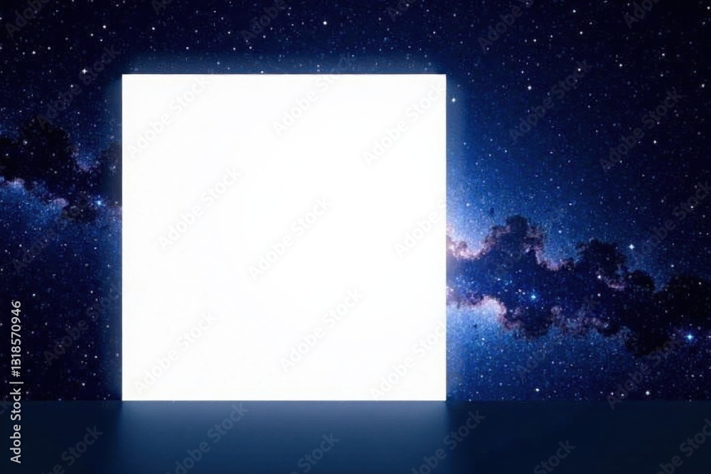 Obraz premium White square against dark starry sky with glowing satellites, futuristic design, cosmic background, galaxy technology