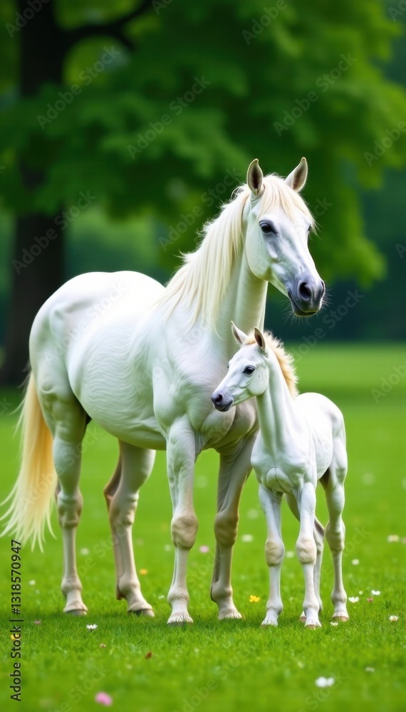 Fototapeta premium White unicorn mare and foal in a lush green meadow, landscape, free