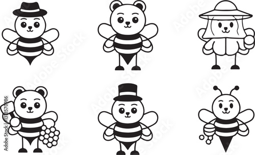 Cartoon Bee Characters Dressed in Fun Outfits with Honey Elements