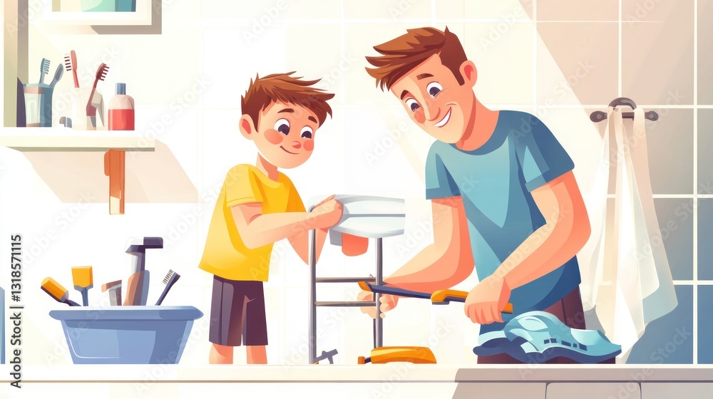 Father and son washing dishes in a kitchen Father and son washing dishes in a kitchen