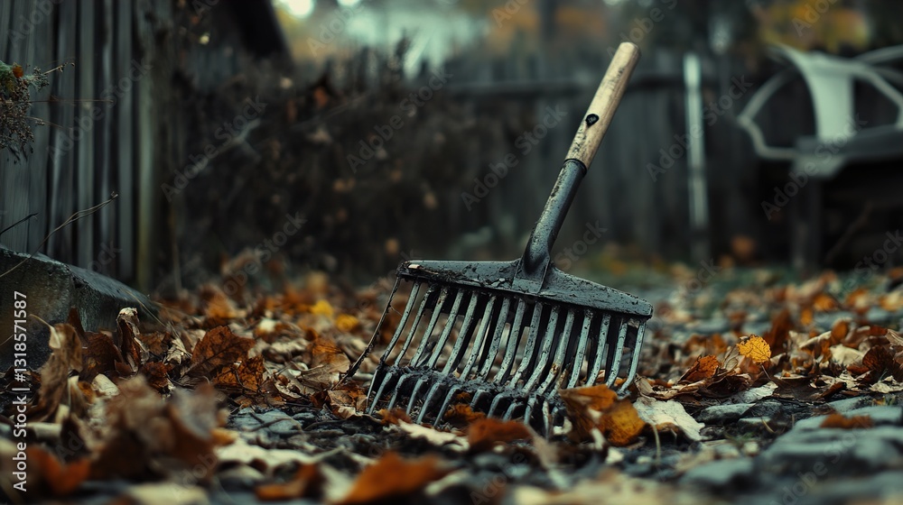 Autumn leaves raked in the garden. Fall season gardening chores.
