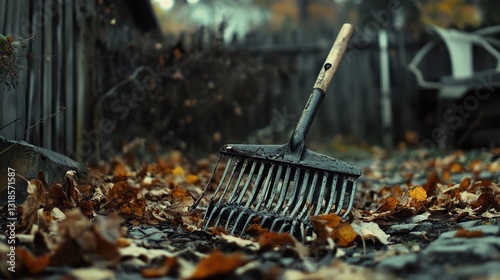 Autumn leaves raked in the garden. Fall season gardening chores.